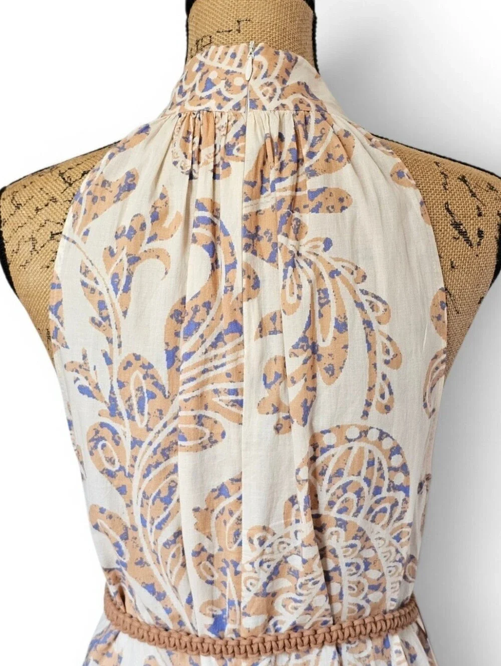 Zara Boho Cream Paisley Sleeveless Mini Dress Rope Belt Crochet Buttons, Size M